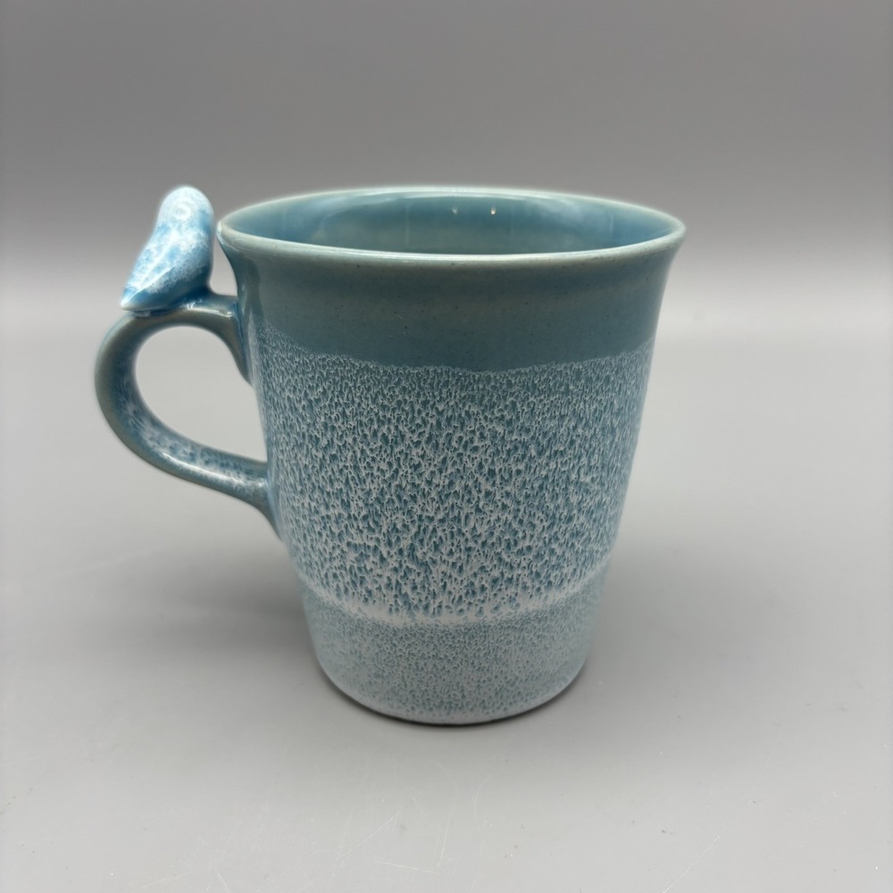 Studio Art Pottery Mug Teal Glazed W/Bird On Handle Signed Bird Lover - Picture 3 of 8